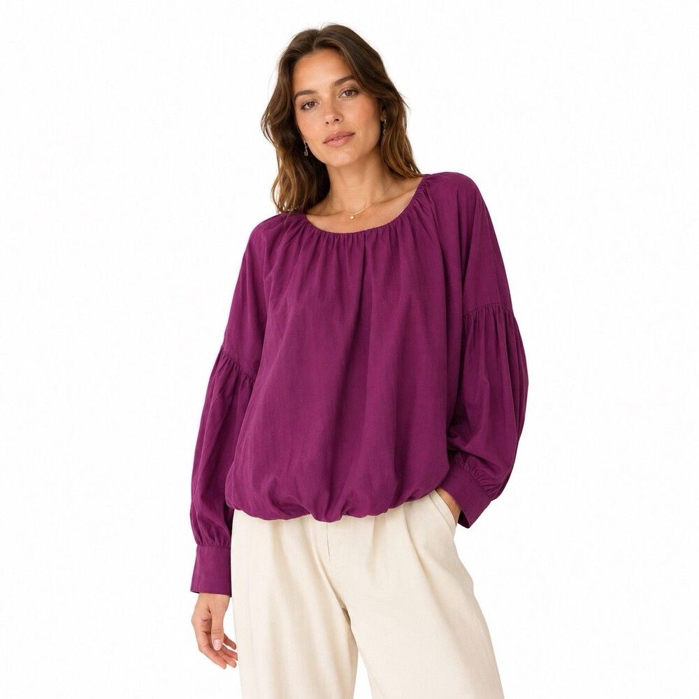&Merci Long Sleeve Bubble Hem Blouson Top Fall Winter Berry Magenta Blouse M EUC